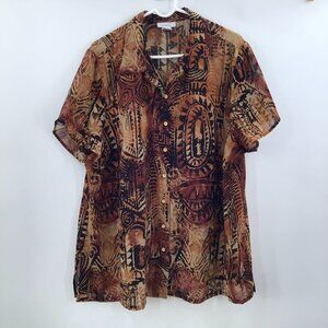Vintage Women's 22/24 Batik Chiffon Blouse Button Down Shirt Earth Tones Ethnic